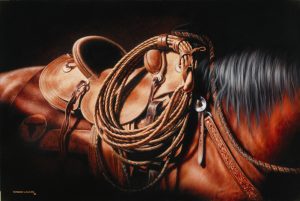 Bay Hackamore horse Vaquero equine art original painting by Calgary artist Shannon Lawlor